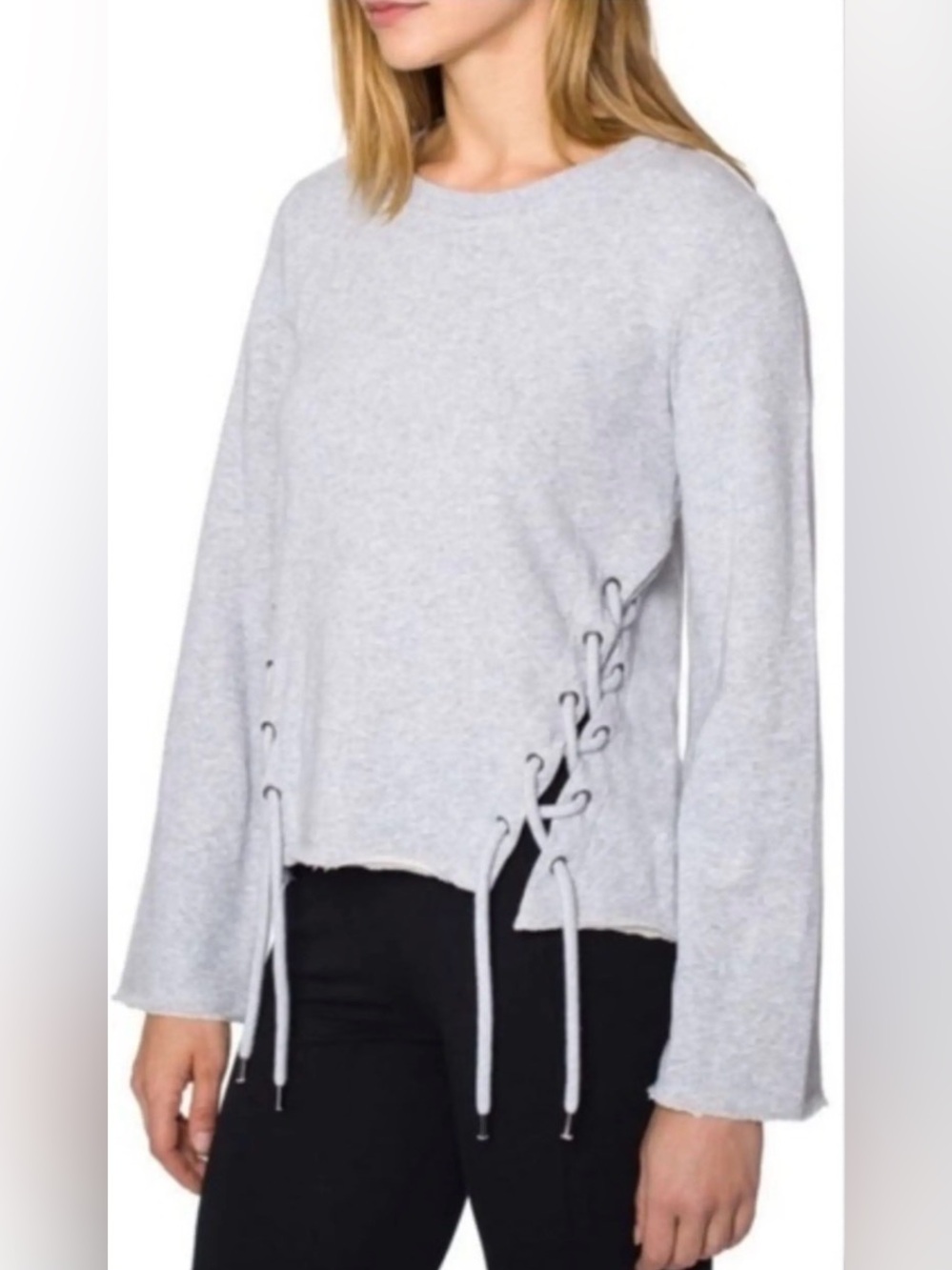 NWT - Betsey Johnson Performance Crop Braided Flare Sleeve Gray Sweatshirt - Picture 2 of 11